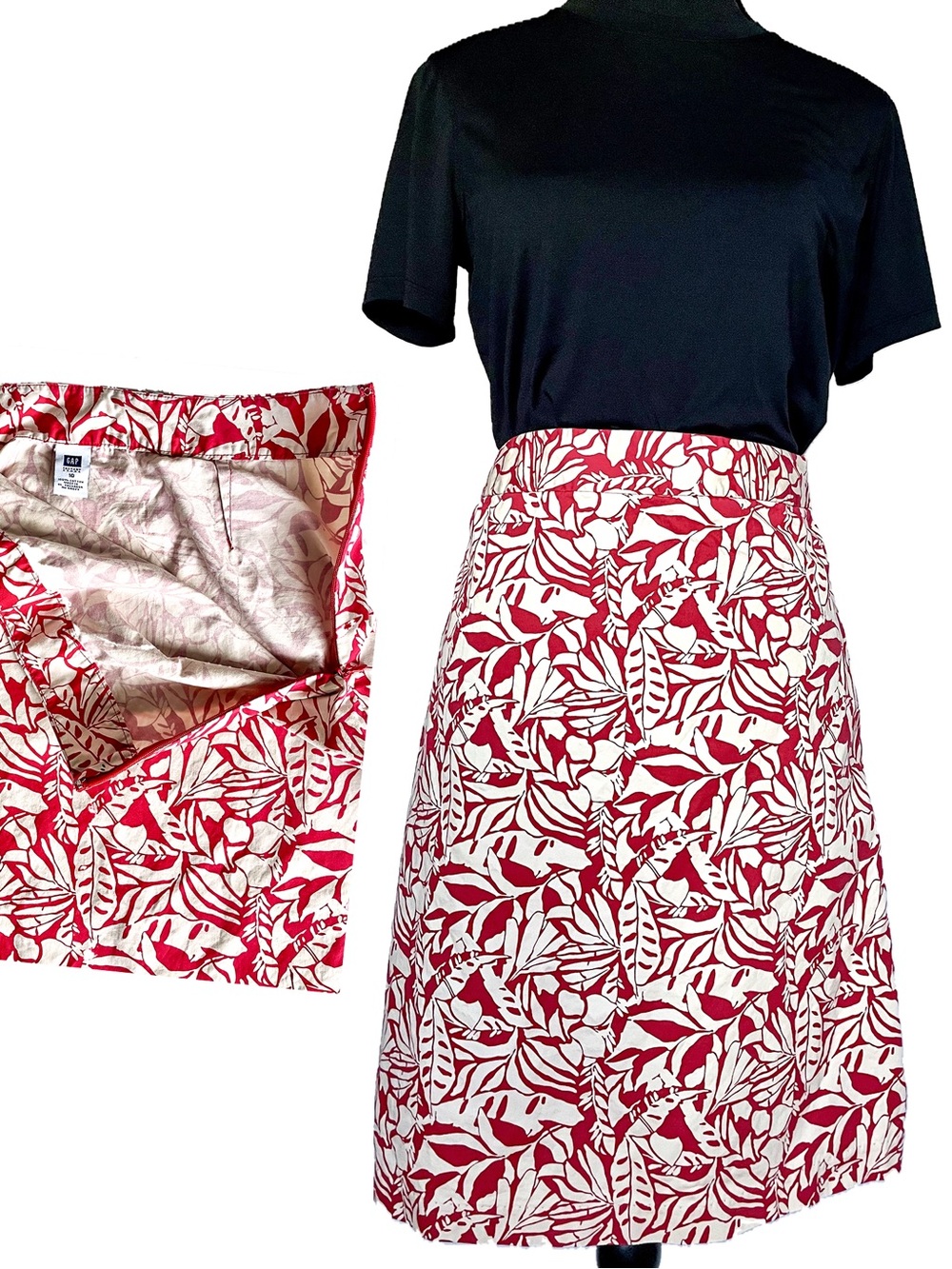 GAP Factory Tropical Leaf White & Red Print A-Line Cotton Side Zip Skirt W10 GUC